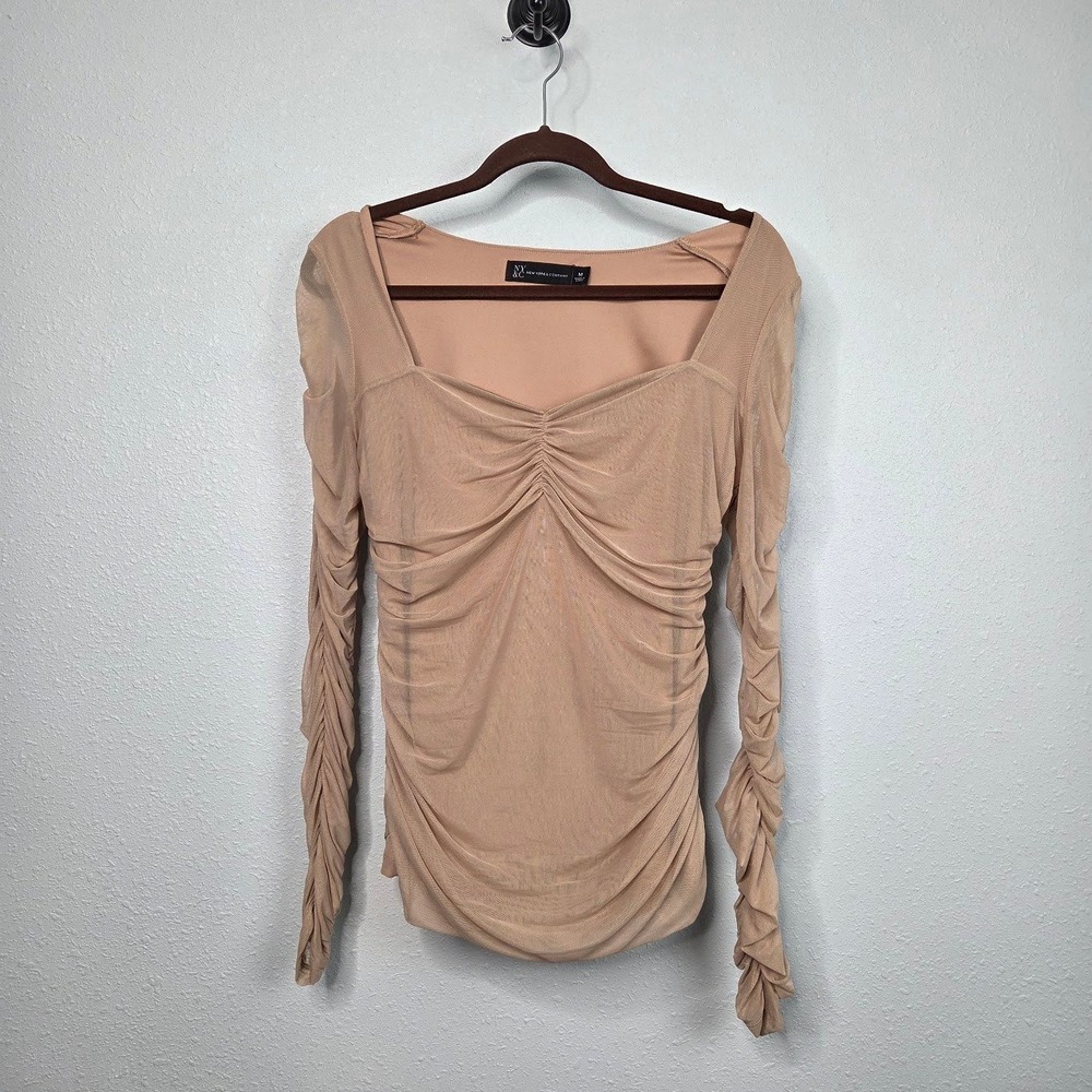 New York & Company Women's Tan Ruched Mesh Long Sleeve Blouse Medium Nordstrom